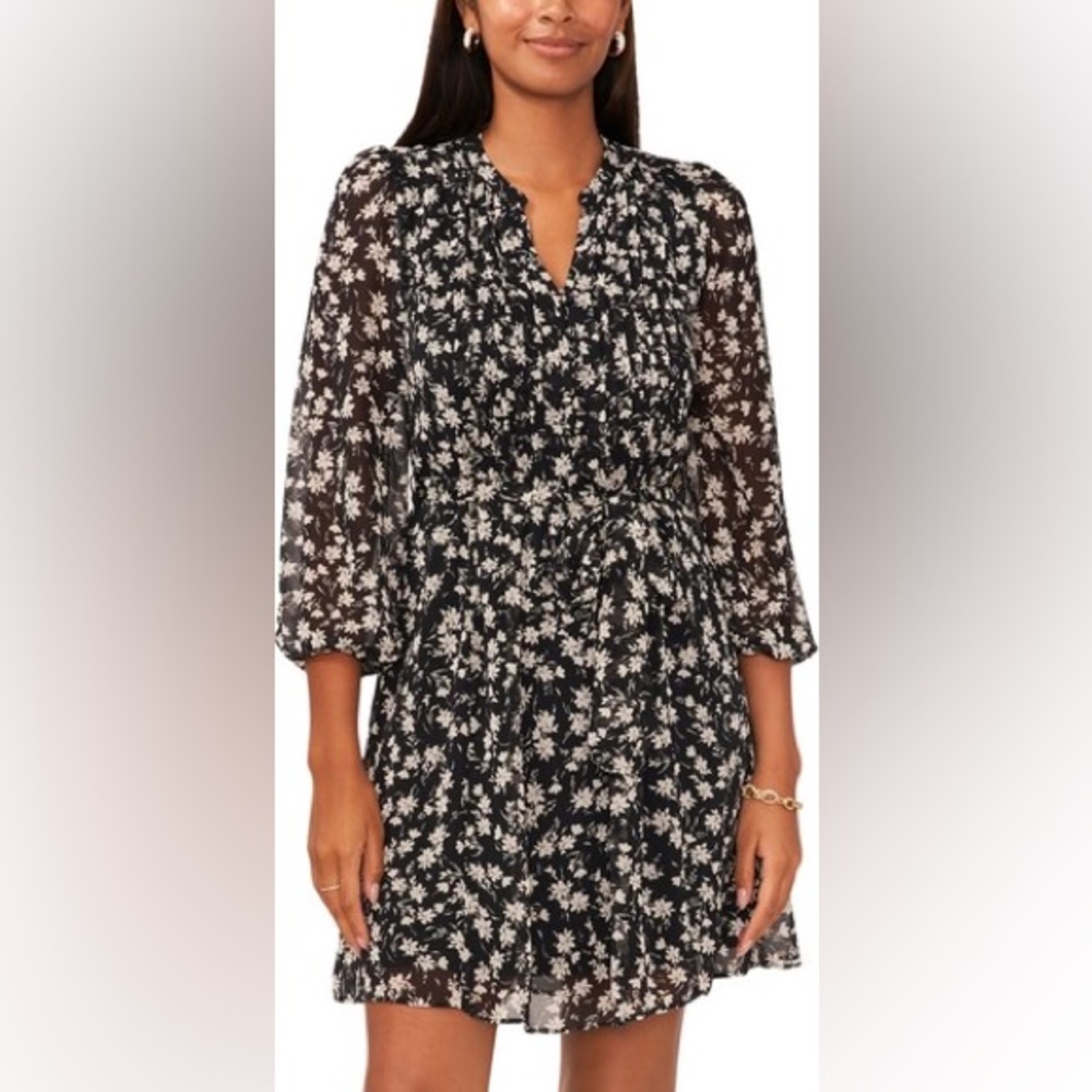 MSK Petite Black and White Floral Pintuck Shift Dress | Size 18 Petite Dress